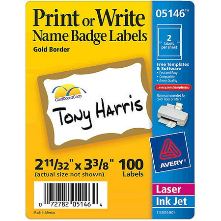 Avery(R) Print or Write Name Badge Labels with Gold Border 5146, 2-11/32