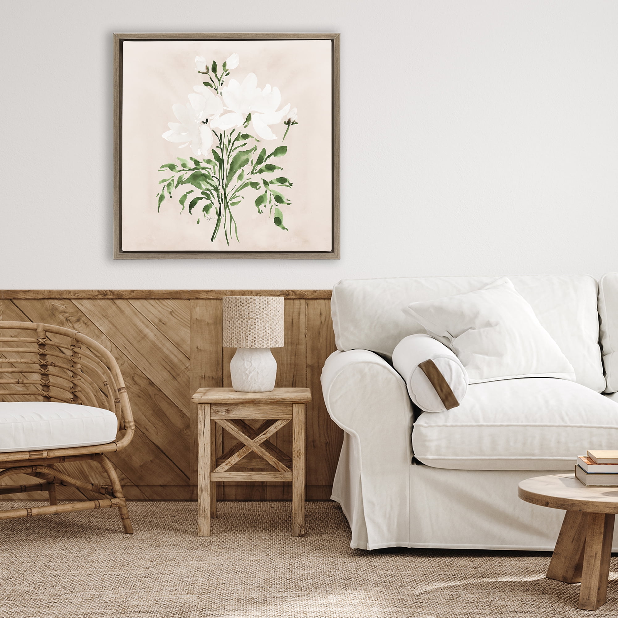 Stupell Industries White On Tan Floral Brown Framed Floater Canvas Wall Art, design by Lucille Price