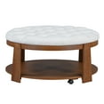 thumbnail image 5 of 2-Tier Large Round Ottoman Coffee Table For Living Room, Modern Upholstered Button Tufted Linen Footrest Ottoman With Wood Shelf Storage & Wheels, 5 of 9