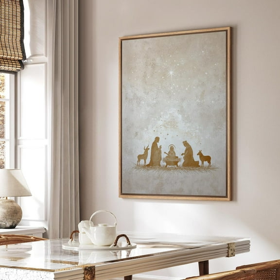 Minimalist Nativity Silhouette Wall Art, Gold Holy Family Christmas Manger Canvas Print, Bethlehem Star Christian Decor, 32x48 UNFRAMED
