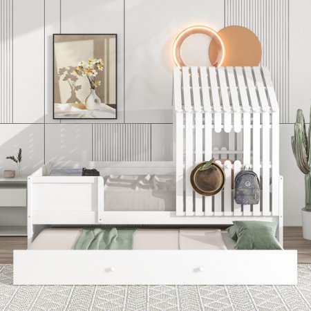 Twin Size Loft Bed with Trundle for Kids  Teens Wooden Floor Loft Bed with Window and Roof  Bedroom Furniture Bed Frame No Box Spring Required White