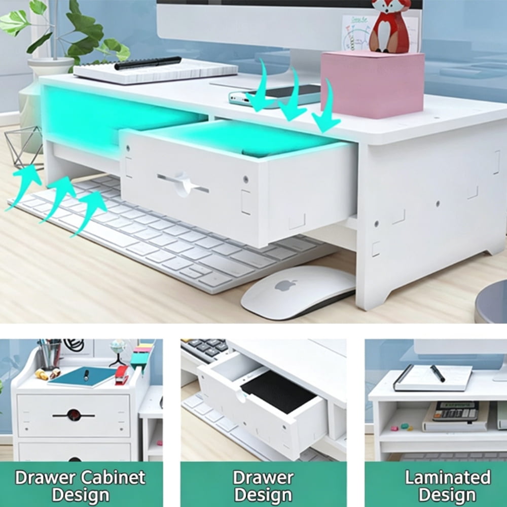White Monitor Stand, Monitor Riser for Desk & Laptop, Computer Stand with Drawer