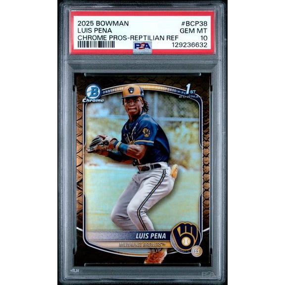 Graded 2025 Topps Bowman Luis Pena #BCP38 Chrome Prospects Reptilian Refractor Rookie RC Baseball Card PSA 10 Gem Mint