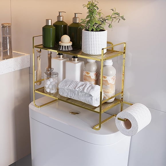 Étagère de Rangement au-Dessus de la Toilette à 2 Niveaux – Organisateur de Salle de Bain en Métal Gain de Place avec Porte-Papier Hygiénique et 2 Crochets – Sans Perçage, Support de Réservoir au-Dessus de la Toilette – Noir
