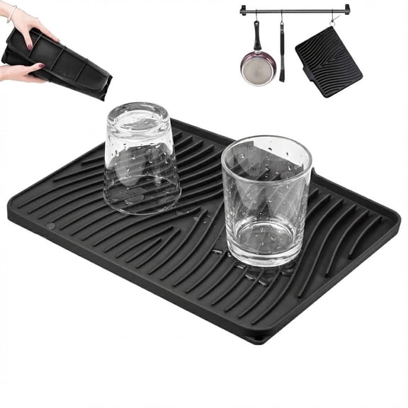 Collapsible Kitchen Drying Mat,Drain board Mat 15.8" x 13", Wave Design, Non-Slip Silicone Dish Drainer, Space-Saving, Easy to Clean for Dishes, Glasses, and Kitchen Tools