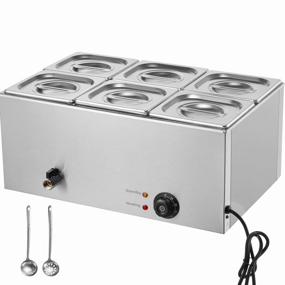 KFFKFF 24QT Commercial Food Warmer, 6-Pan Electric Steam Table, 1200W Countertop Stainless Steel Buffet Bain Marie with Adjustable Temperature Control for Catering, Buffets, Events, and Restaurants