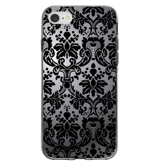 DistinctInk Clear Shockproof Hybrid Case for iPhone 7 8 SE (2020 Model) 4.7" Screen TPU Bumper Acrylic Back Tempered Glass Screen Protector - Silver Grey Black Damask - Floral Damask Pattern