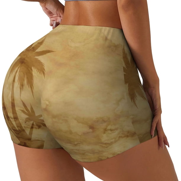 Balery Retro Palm Tree Pantalones cortos de entrenamiento estampados para mujer, sin costuras, ajustados, para gimnasio, yoga, correr, deportes, ejercicio activo, fitness.-XX-Large