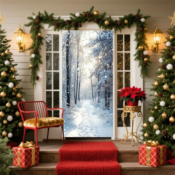 KOYPTL Christmas Door Cover,Blue Winter Forest Scene Printed Hanging Door Banner,Christmas Decorations Hanging Banner for Winter Party Holiday Xmas Eve Porch House Home Outdoor Decor 71 x 35 Inch