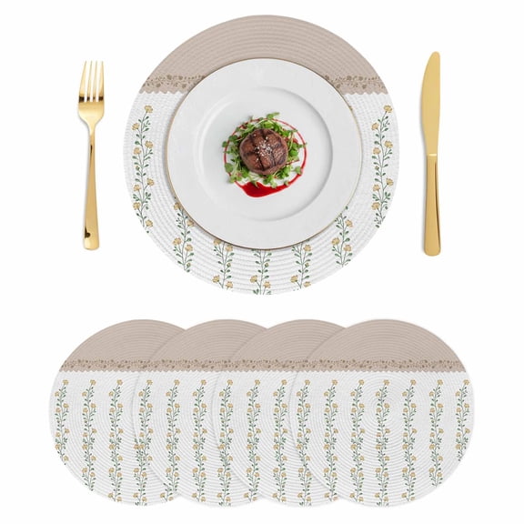 Beige Floral Round 15 Inch Placemats Set of 4, Spring Summer Botanical Flowers HeatResistant Non Slip Place Mats for Dining Table, Wipeable Braided Kitchen Table Mats for Housewarming