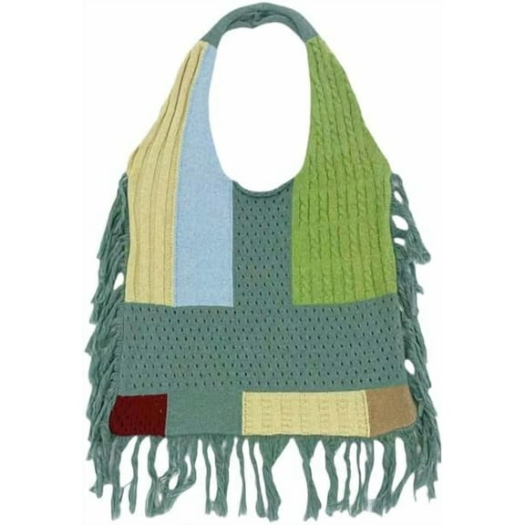 JennyShop Vintage Crochet Shopping Bag for Women, Fashion Knitted Shoulder Handbag Patchwork Tote Purse with Tassel Decoration