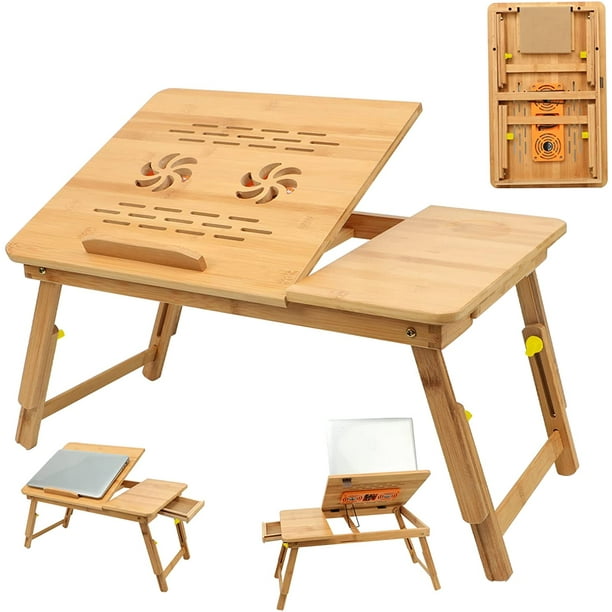 Plateau de table de bureau en bambou pour ordinateur portable – avec  refroidisseur d'ordinateur portable plateau de lit réglable sur le lit  table de petit déjeuner plateau inclinable avec tiroir pliable pieds