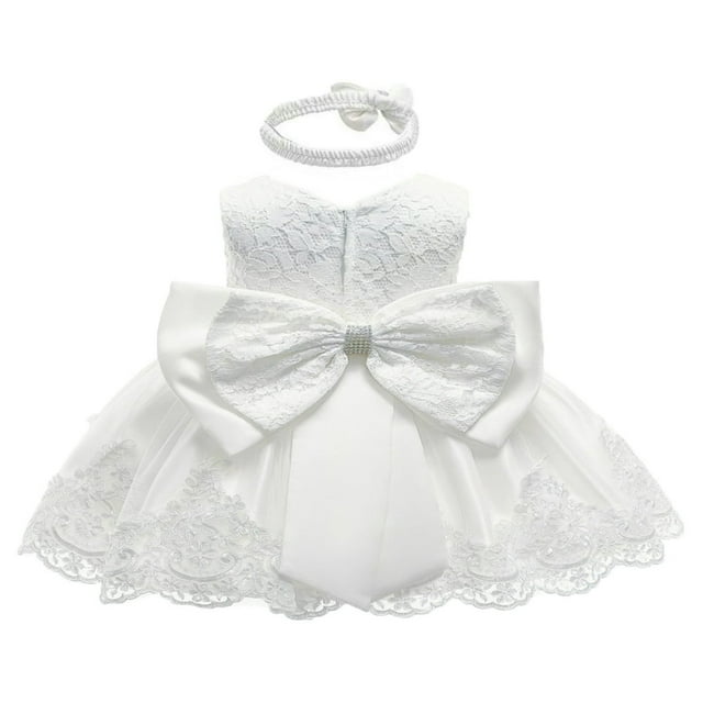 DEBGFS Robe Tutu Formelle Sans Manches en Dentelle avec Nœud pour Bébé Fille, Anniversaire Mariage, Blanc, 0-3 Mois