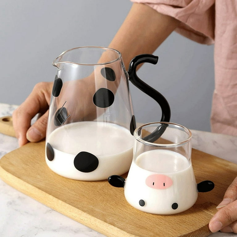 Glass Carafe Pitcher with Glass Mug Cute Cow, 550ml Bedside Carafe Glass  Water Pitcher for Midnight Drink Home Office Hotel and Juice Tea Milk