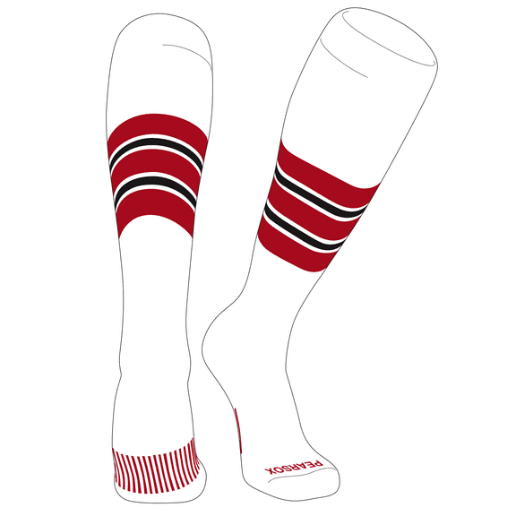 PEAR SOX Striped OTC Baseball, Softball, Football Socks (E) White, Red, Black (XS)
