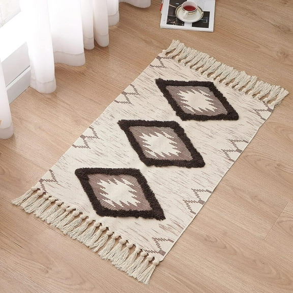 Bathroom Rugs 2x3ft Farmhouse Bath Runner Rug, Small Tufted Cotton Accent Floor Mat with Tassels, Brown