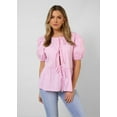 thumbnail image 2 of Women Bow Tie Front Shirt Top Cute Puff Sleeve Y2K Peplum Ruffle Babydoll Blouse Lace Up Summer Going Out, 2 of 7