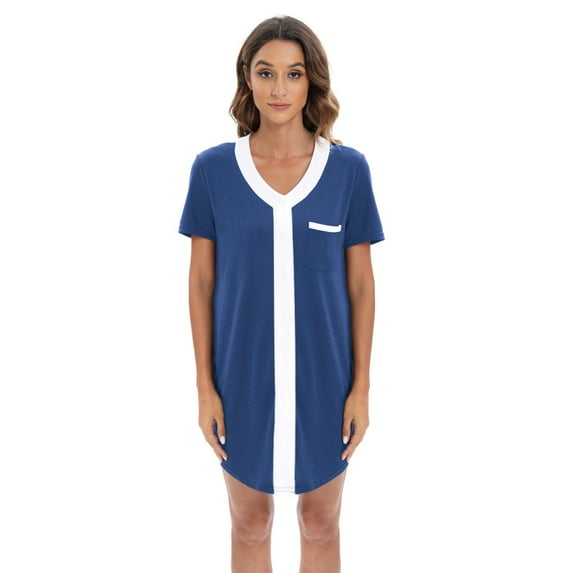 WBQ Nursing Sleepshirt Women Button-Front Nightshirt Short Sleeve Nightgown Breastfeeding Sleepwear with Chest Pocket Blue Tag XL/US 12