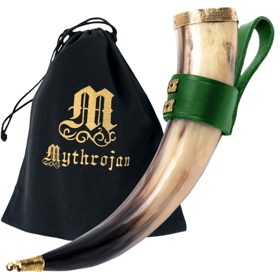 Mythrojan Viking Drinking Horn with Green Leather holder Authentic Medieval Inspired Viking Wine/Mead Mug – Polished Finish