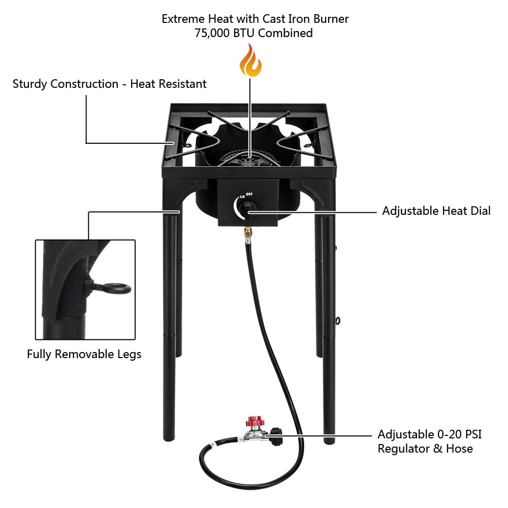 BAYUELSWU Outdoor 1 Burner Propane Stove With Stand, 1 Burner Propane Camping Stove Portable for Outdoor Cooking (1 Burner 75000-BTU)