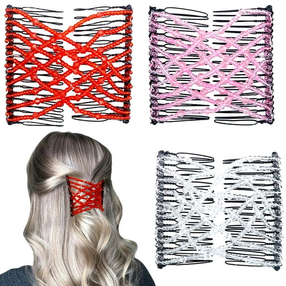 3 Pieces Elastic Magic Hair Comb Clips Stretchy Double Comb Hair Forks for Women Girls Vintage Hairstyle Multipurpose Hair Accessories (Bead Style-Blue Brown Black)
