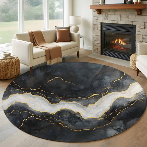 Marble Round Area Rug 5 FT, Non Slip Bedroom Rugs, Black Grey Modern Luxury Gold Washable Soft Circular Carpet Non-Shedding Floor Mat for Kitchen Dining Room Foyer Balcony Dorm