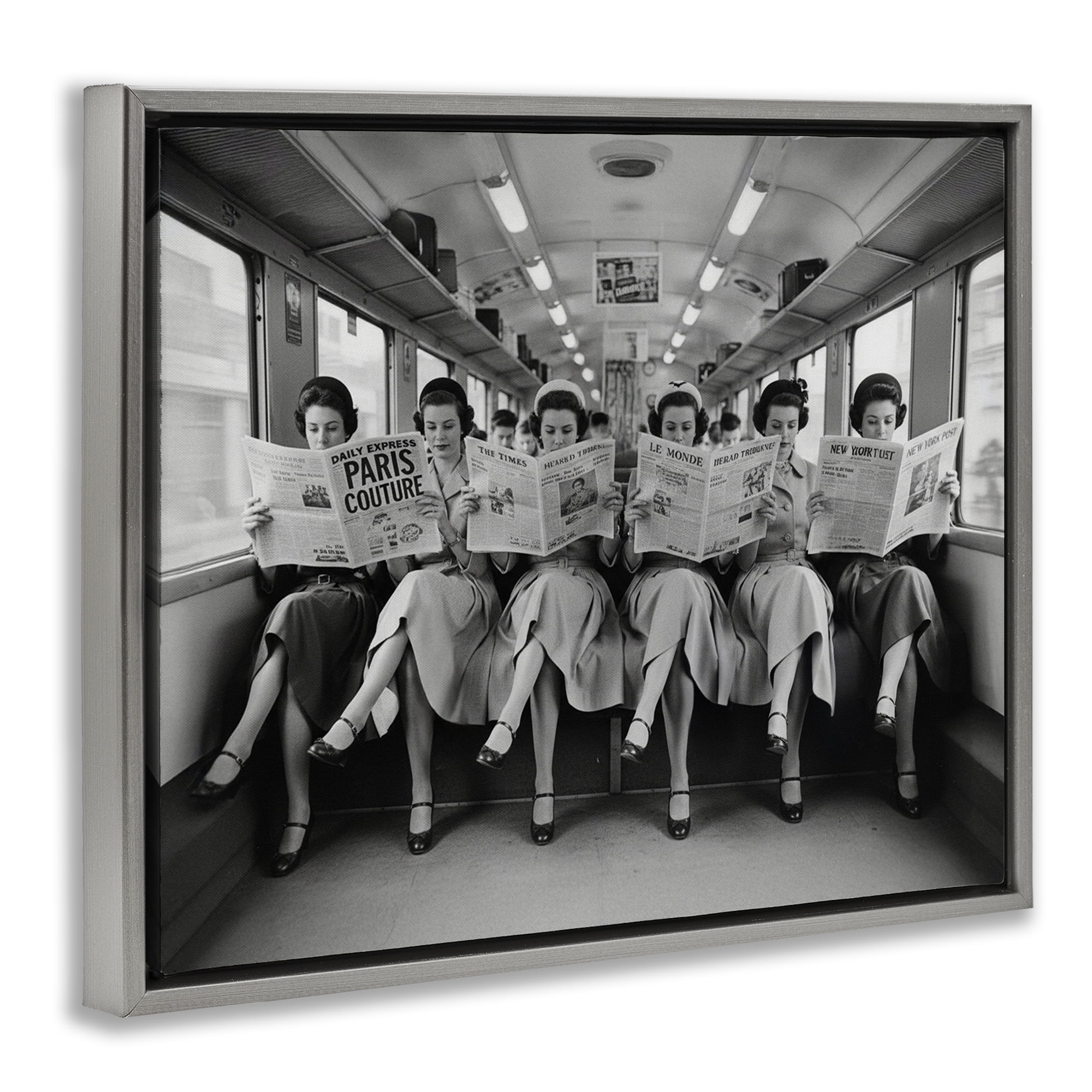 Stupell Industries Newsprint Ladies on Train Gray Framed Floater Canvas Wall Art, design by A Barefoot Stylist