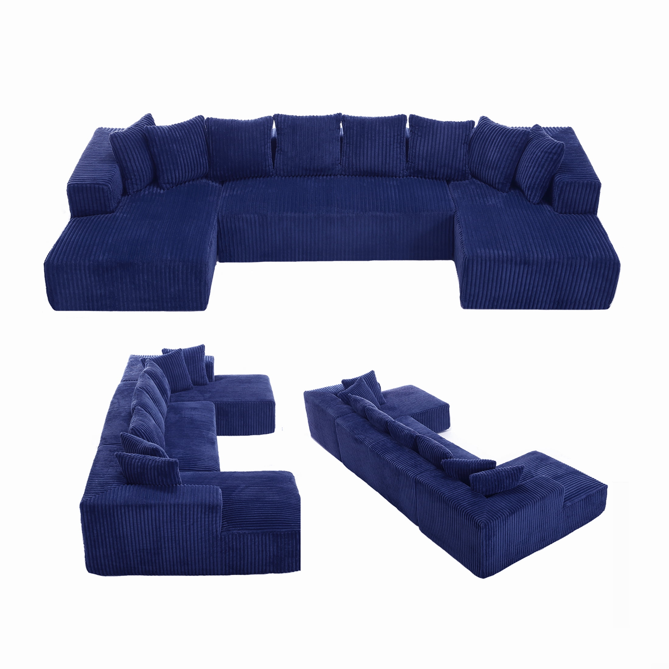SEENYOO 130" U-Shaped Modular Sectional Sofa Couch 4-Seater Boneless Corduroy Sofa No Assembly Compressed for Living Room Blue
