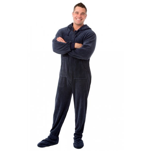 MyPartyShirt Navy Blue Plush Hooded Adult Footed Pajamas Footie Drop