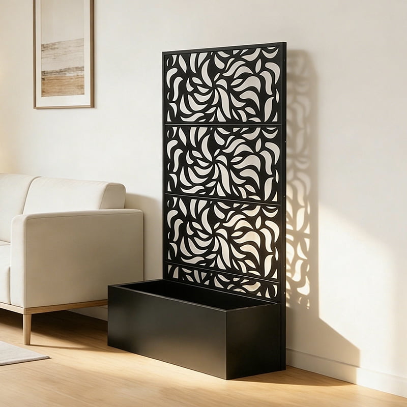Privacy Screen with Planter Box, Black Metal Freestanding Decorative Fence Planter for Patio Balcony Backyard, 70.87"H x 46.06"W