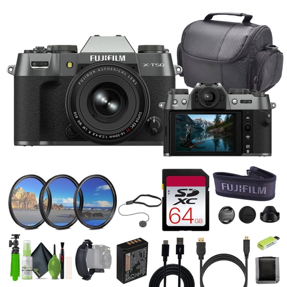 Fujifilm X-T50 Mirrorless Digital Camera XF16-50mm F2.8-4.8 R LM WR Lens Bundle Kit With 64GB SDXC Memory Card   Camara Bag   Cleaning kit   Tripod   More Accessories - Charcoal Silver