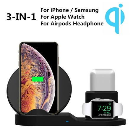 3in1 Fast QI Stand Pad Charging Station Dock for Apple Watch Series 4/3/2/1 & Airpods, for iPhone Xs/XS MAX/XR/X/8/8 Plus, for Samsung Galaxy Note 8