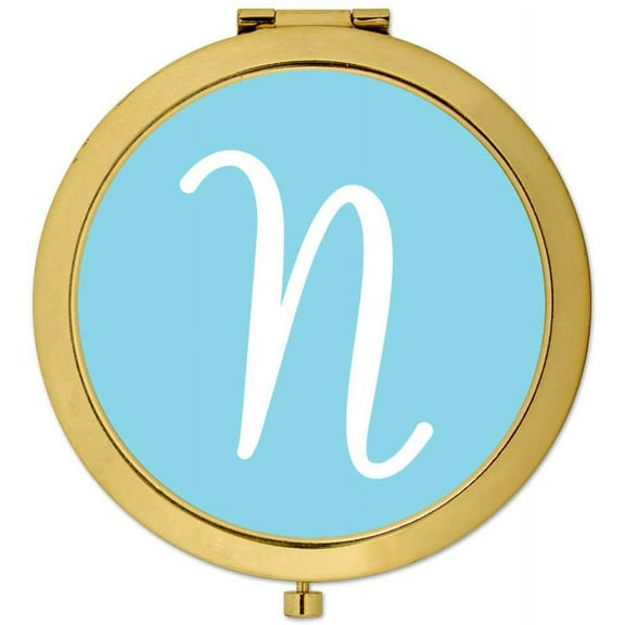 Koyal Wholesale Gold Compact Mirror Bridesmaid's Wedding Gift, Baby Blue, Monogram Letter N, 1-Pack