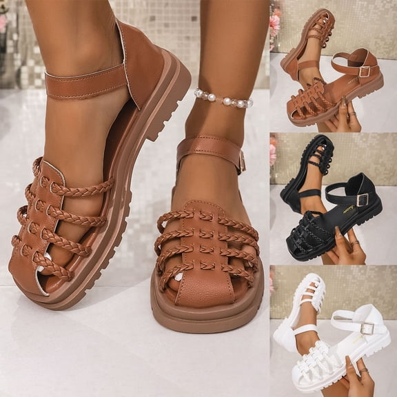 QNANSPI Women's Wedge Heel Shoes, Summer Casual Footwear for Women, Women Closed Toe Woven Flat Heel Footwear Soft Bottom Roman Style For Beach Vacation Summer Shoes