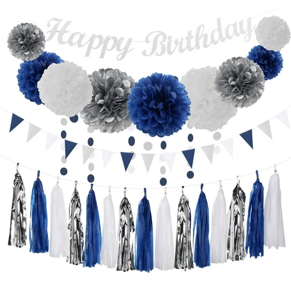 Navy-blue Silver Men-boys Birthday Decorations - 27pcs Party Kits Happy Birthday Banner Flags,40th 50th Birthday Decor Tissue Paper Pom Poms,Tassel Streamers Garland Party supplies Lasting Surprise