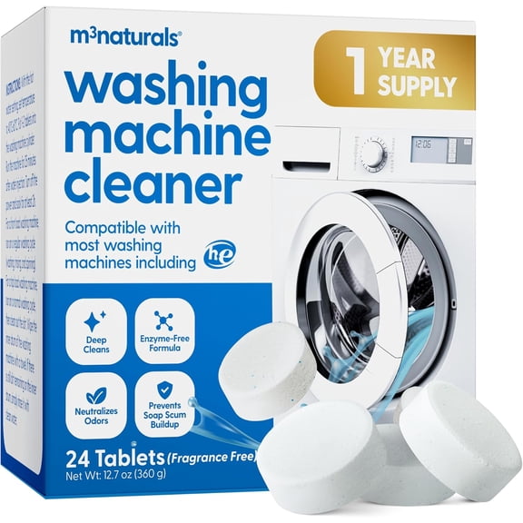 M3 Naturals Washing Machine Cleaner Tablets for HE Top and Front Load, Fragrance Free, 24 Count