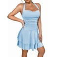 thumbnail image 2 of Women'S Halter Ruffle Hem Mini Dress Ruched Waist Corset Short Party Dresses Light Blue L, 2 of 10