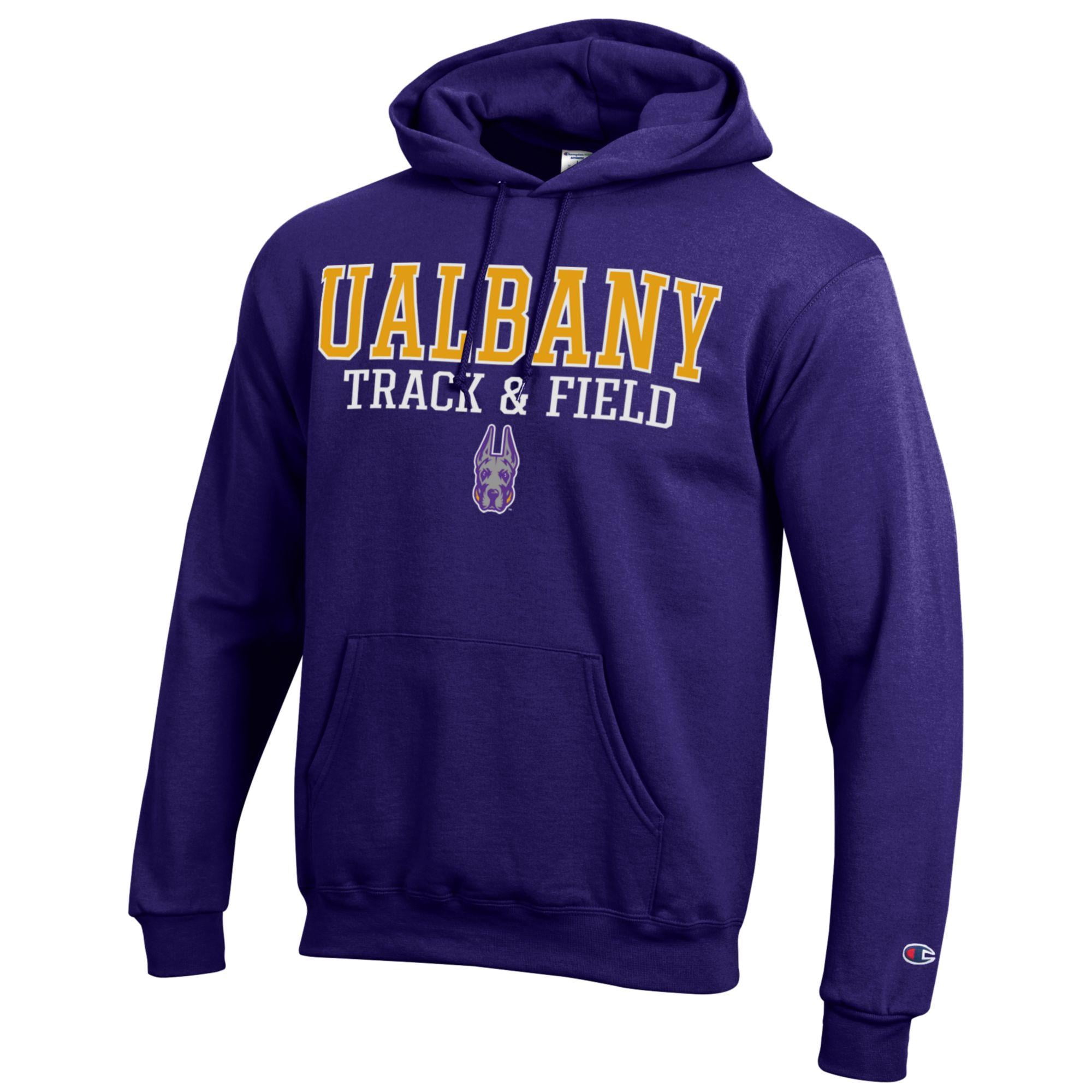 Men's Champion Purple UAlbany Great Danes Track & Field Stack Powerblend Pullover Hoodie