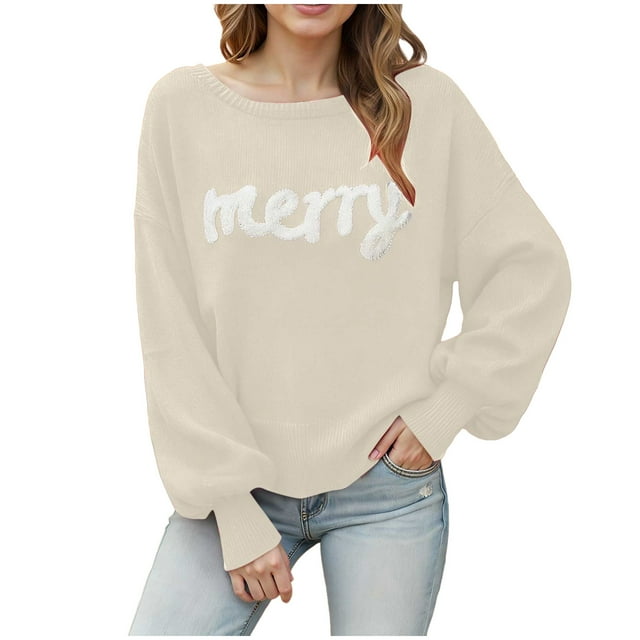 WUANDIXFA Chandails d'Automne pour Femmes Chandails pour Femmes Noël Automne Hiver Manches Longues Col Rond Haut Festif Chandails à Enfiler pour Femmes Beige,P