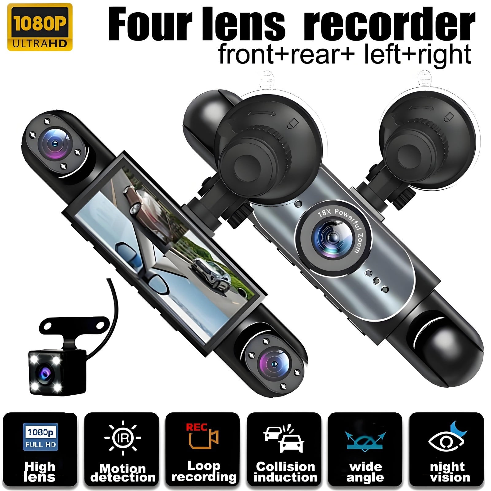 Kchsji Full View Car Dashcam 360° 4-Channel 1080P Full HD Recording Infrared Night Vision G-Sensor Loop Recording Plug-In Power For Vehicles Taxi Fleet Family Driving Safety Protection