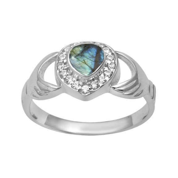 Petite Claddagh 5MM Heart Labradorite 925 Sterling Silver Mother's Day Gift Ring