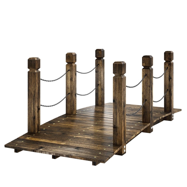 5ft Carbonized Fir Wood Garden Bridge with Chain Handrails, Arched Decorative Footbridge for Backyard Pond and Walkway, Weather-Resistant Rustic Landscape Decor, 59.4" L x 26.8" W