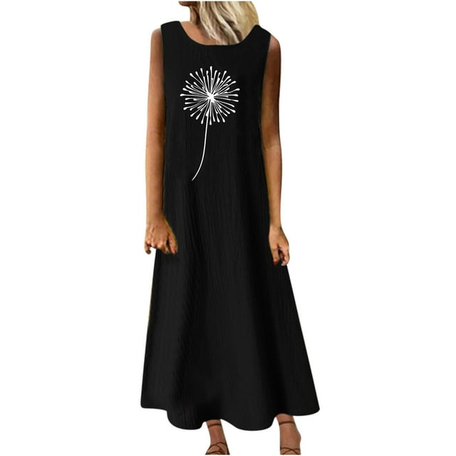 Robes Maxi pour Femmes 2023 Été Décontracté Sans Manches Col Rond Ample Longue Robe de Plage Coton Lin Robe Boho Robe d'Été