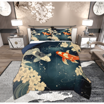 Feelyou Japanese Fish Child Bedding Comforter Set, Tokyo Cherry Blossoms Twin Comforter Sets, Cartoon Animal Reversible Bedding Set, Luxury Bedroom Decor, 2 Pieces