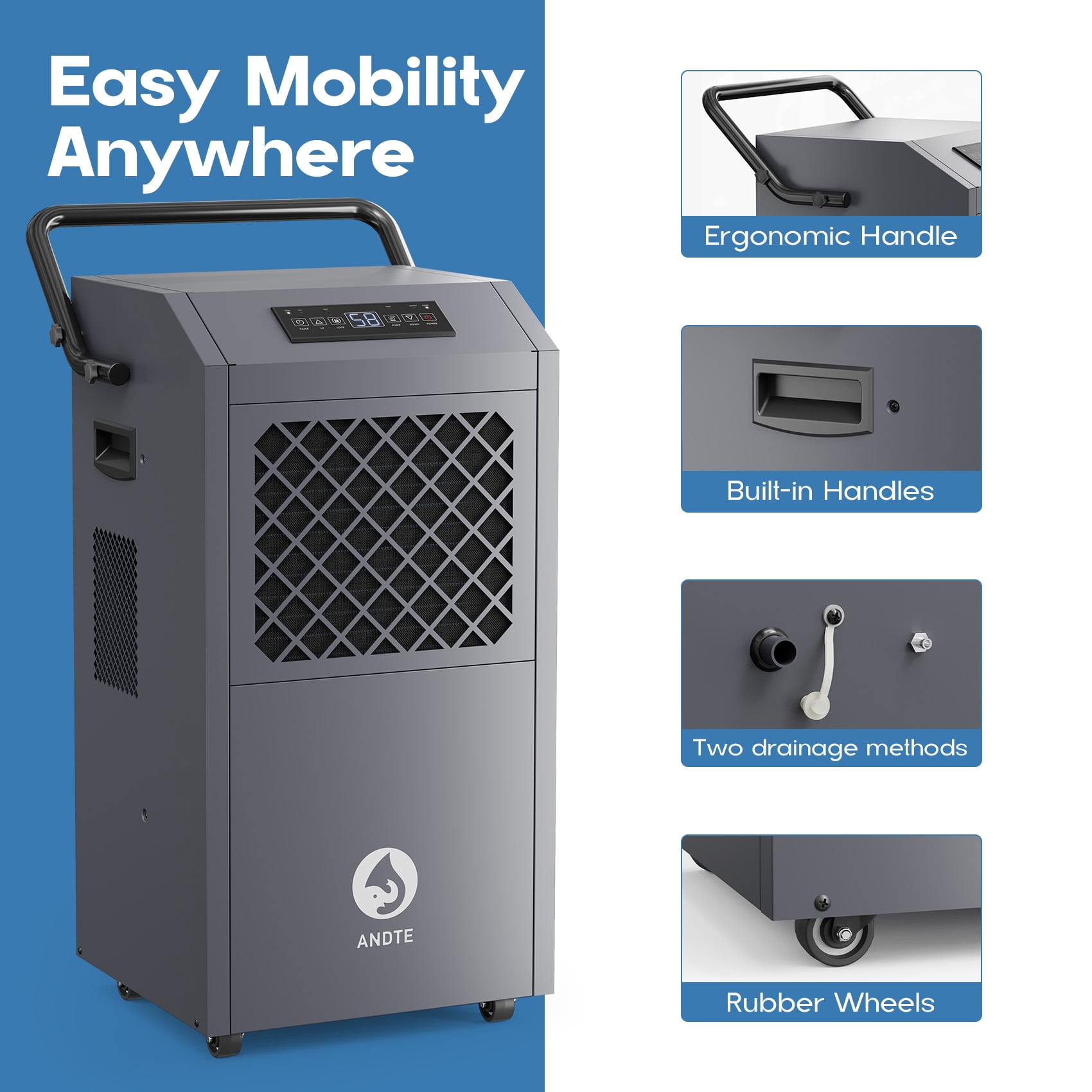 ANDTE 190 Pints Commercial Dehumidifier with Pump, Covers up to 3,600 sq. ft, Industrial Dehumidifier for Basements and Job Sites