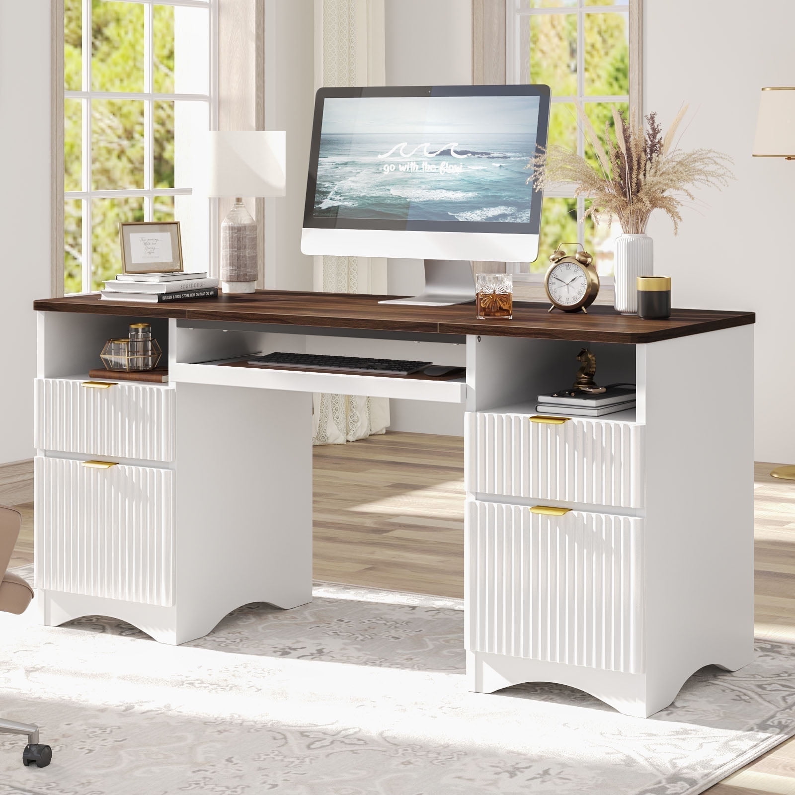 Bestier 59" Home Office Computer Desk with Keyboard Tray and Storage Drawers, Modern Executive Desk for Writing Reading, Walnut and White