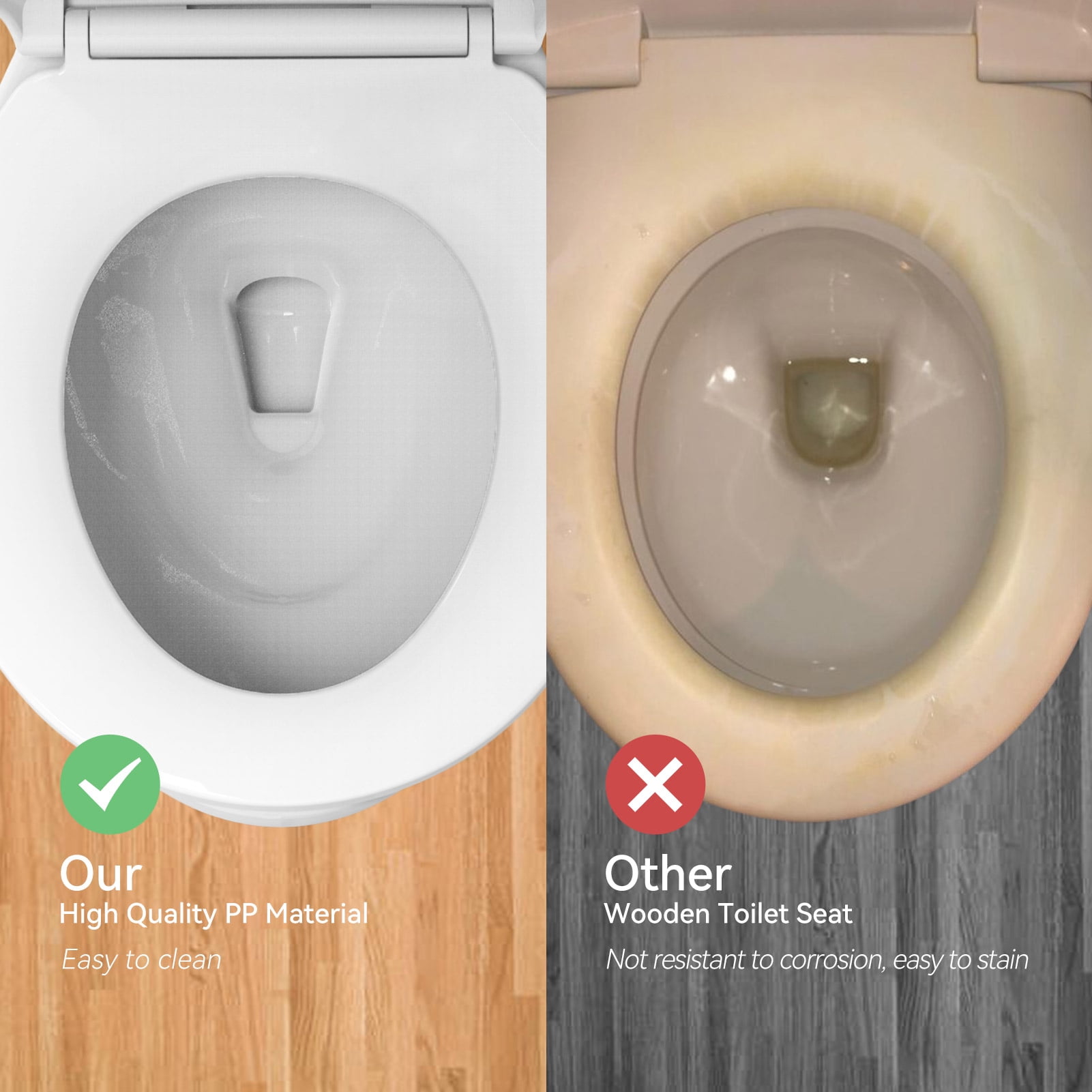 R&T B1098 Elongated Toilet Seat, Heavy-Duty up to 440 lbs, Slow Close, Non Slip and Easy to Keep Clean, Easy to Install, White Premium PP Material