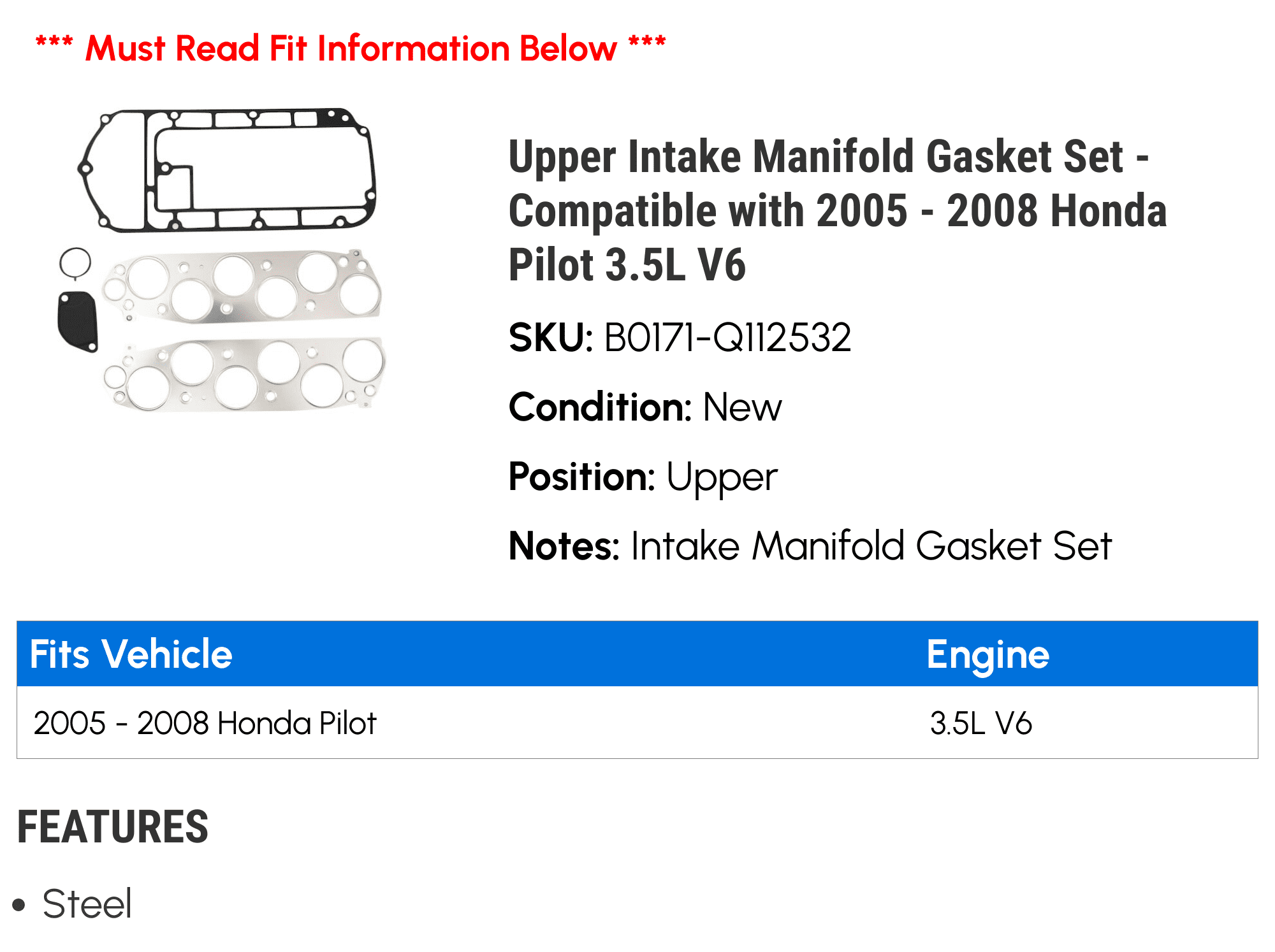 Upper Intake Manifold Gasket Set - Compatible with 2005 - 2008 Honda Pilot 3.5L V6 2006 2007