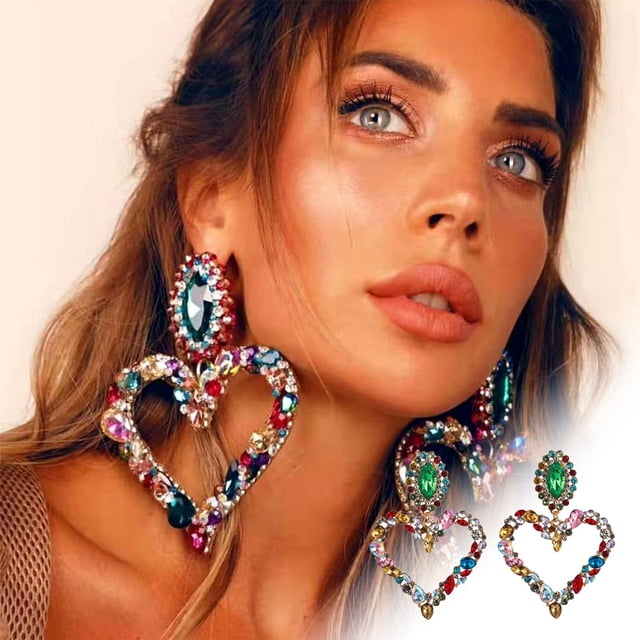Fiudx Pendientes En Forma de Corazón, Incrustaciones de Diamantes de Colores, Diseño Retro Exagerado, Detalles de Piedras Preciosas Brillantes, para Uso Diario o Ocasiones Especiales, para Amantes de