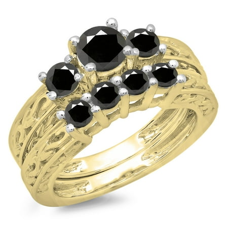 Dazzlingrock Collection 1.50 Carat (ctw) 14K Black Diamond Vintage 3 Stone Engagement Ring Set 1 1/2 CT, Yellow Gold, Size 8.5